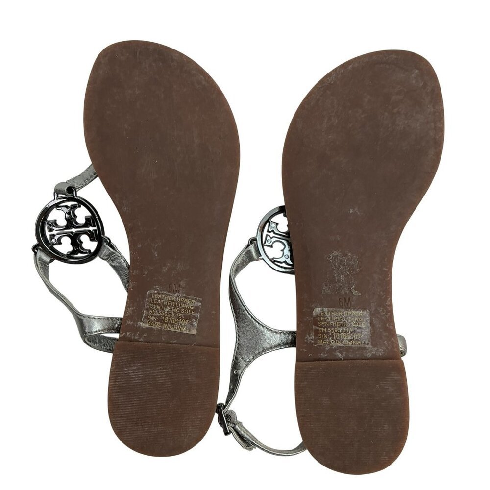 Tory Burch Crystal Metallic Logo Leather Slingback T-Strap Sandals Silver Tan - Picture 7 of 8